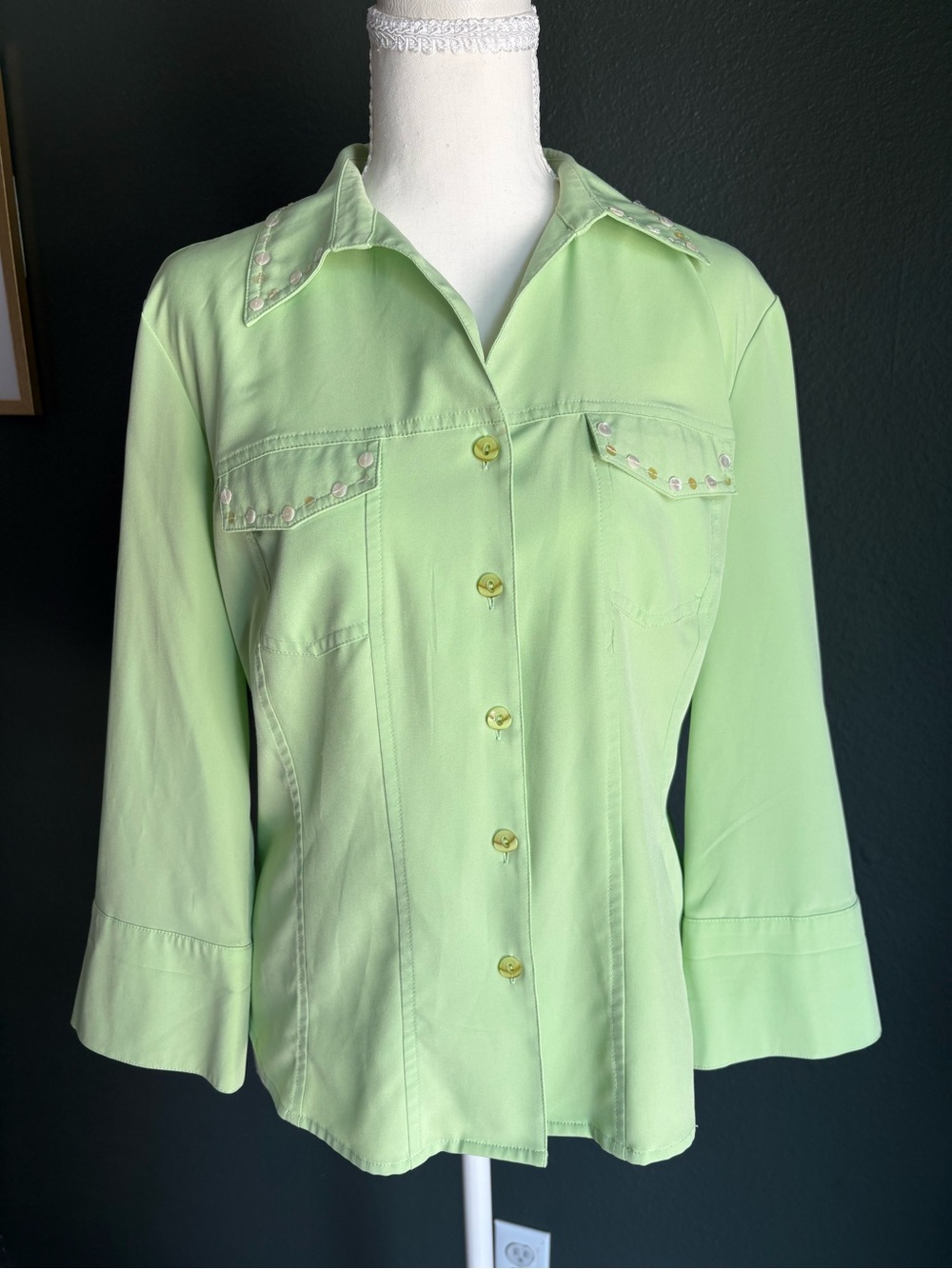 VTG Covington Petite Lime Green Sequin Button Up Blouse Y2K Size L